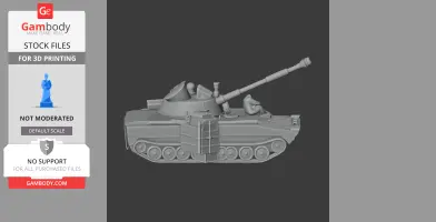 Gray 3D model of a 2S1 Gvozdika tank, showing turret and tracks, for 3D printing.