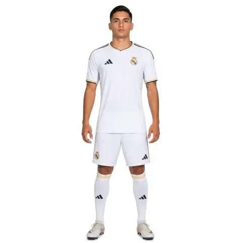 I'm not sure who this is, but I see a person in a white soccer uniform standing upright.