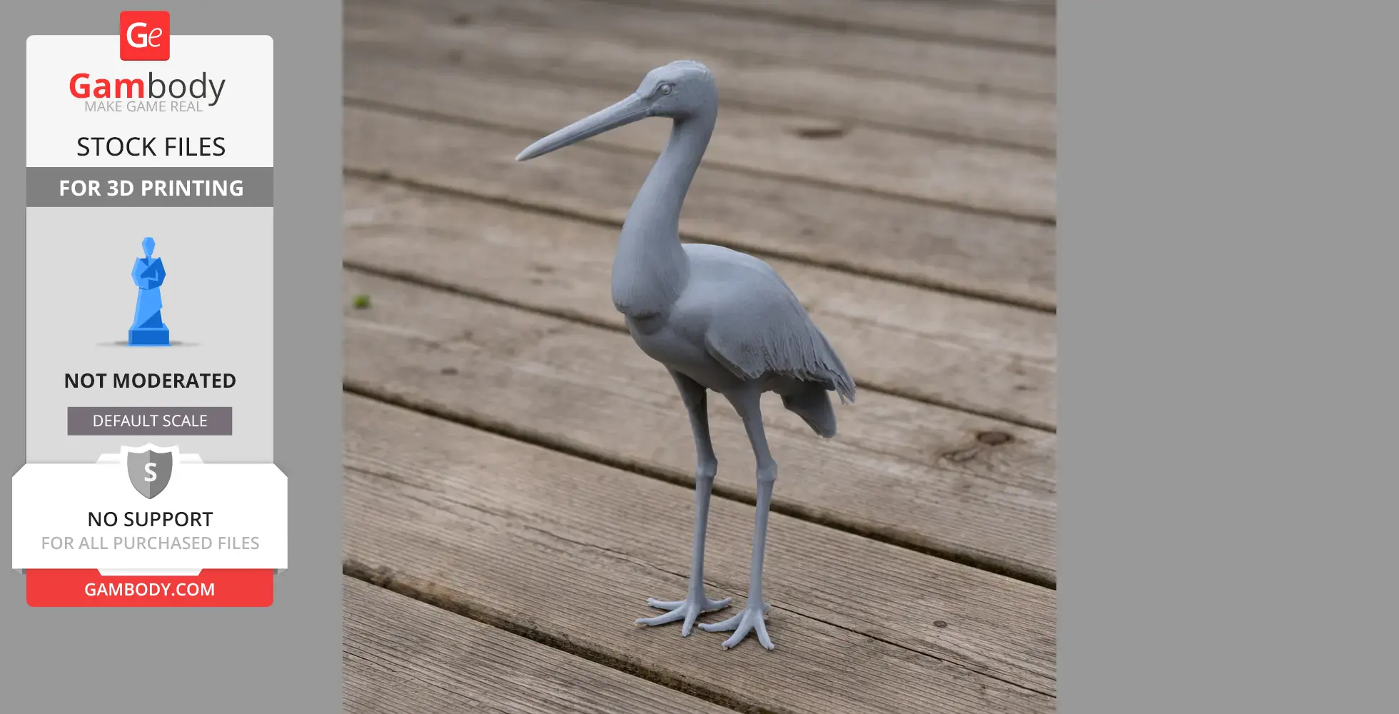 Gray 3D-printed model of a prehistoric black stork, standing on wooden planks with fine feather details.