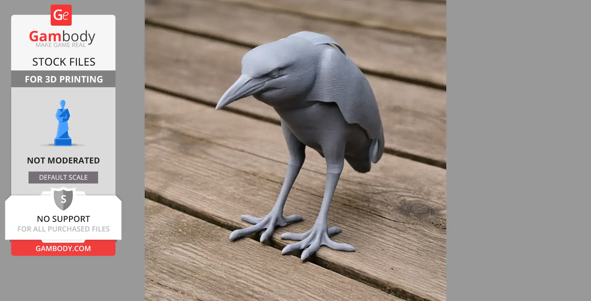 3D printed model of a heron-like bird with detailed features, standing on wooden planks.