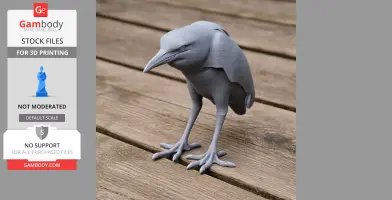 3D printed model of a heron-like bird with detailed features, standing on wooden planks.