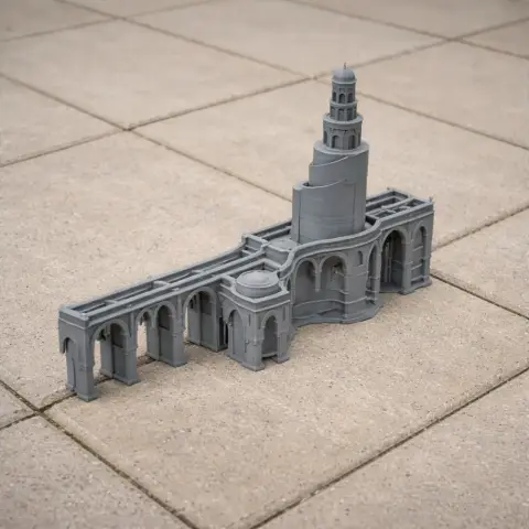 A detailed 3D printed model of Ahmad ibn Tulun Mosque with arches and a spiral minaret.