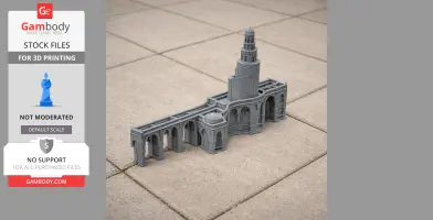 Grey 3D printed model of Ahmad ibn Tulun Mosque, featuring arches and a spiral minaret.