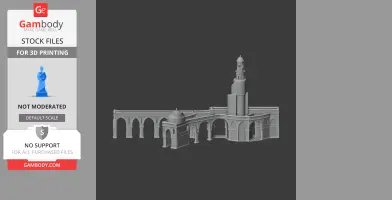 3D model of Ahmad ibn Tulun Mosque architecture with arches and a spiral minaret.