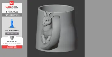 A mug with a kangaroo relief detail on the handle, designed for 3D printing.