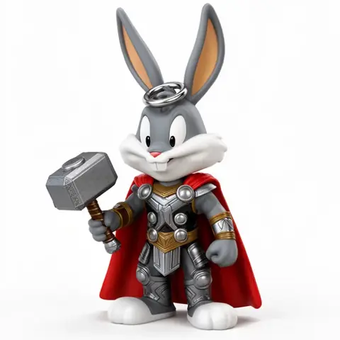Bugs Bunny dressed as Thor, holding a hammer, wearing armor and red cape, with a ring above his head.