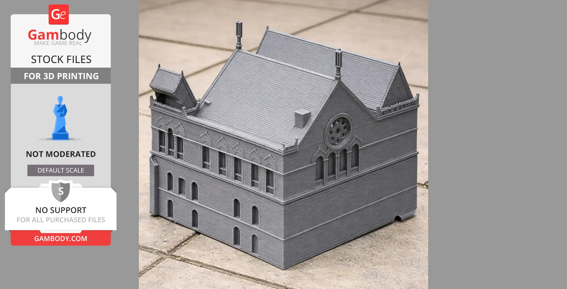 Gray 3D-printed model of a detailed, gothic-inspired building with arched windows, and decorative roof.