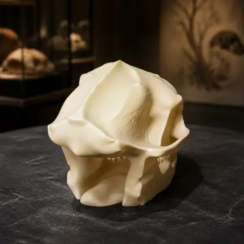 3D-printed Aegyptopithecus skull replica on display in a dimly lit setting.