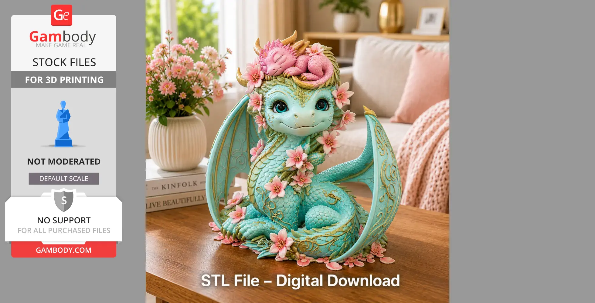 Cute dragon adorned with pink flowers and baby dragon resting on its head, designed for 3D printing.