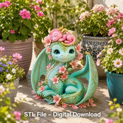 Cute mother and baby dragon adorned with pink flowers, surrounded by potted plants.