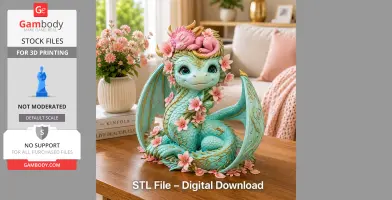 Cute dragon adorned with pink flowers and baby dragon resting on its head, designed for 3D printing.