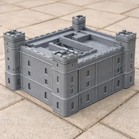 Miniature gray 3D-printed model of Acton Burnell Castle with four corner towers on a tiled surface.