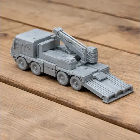 Gray 3D model of a 155mm self-propelled howitzer with six wheels and rear loading ramp.