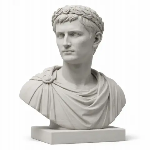 Marble-style bust of a historical warrior with laurel wreath and draped clothing.