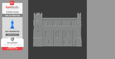 A detailed 3D model of a castle front with towers and arched windows for 3D printing.