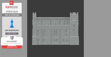 3D model of a gray medieval castle facade with turrets and arched windows for 3D printing.