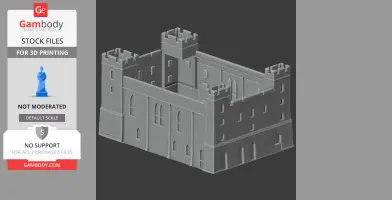 Gray 3D model of a medieval castle with four corner towers, featuring detailed windows and battlements.