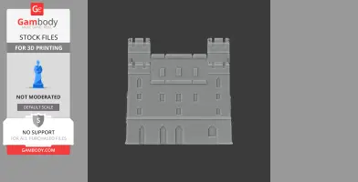 Gray 3D model of a castle facade with towers and small windows. Ideal for 3D printing.