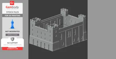 Gray 3D model of a medieval-style castle with corner turrets and arched windows.