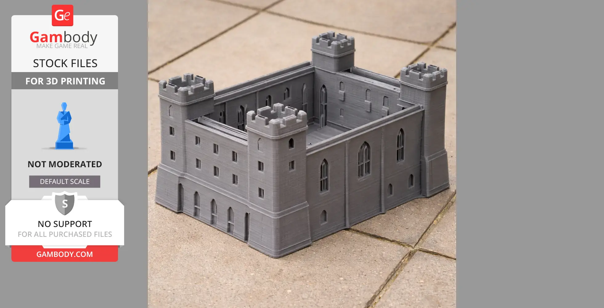 Gray 3D-printed castle model with four corner towers and detailed windows.