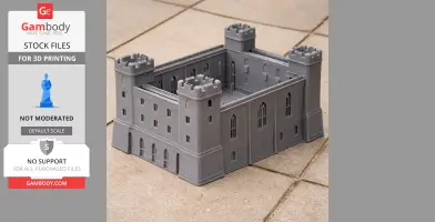 Gray 3D-printed castle model with four corner towers and detailed windows.