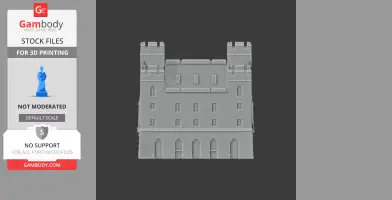 A 3D model of a castle with two towers and multiple windows, designed for 3D printing.