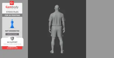 3D model of a bald athlete in sports attire, viewed from the back, arms by sides.