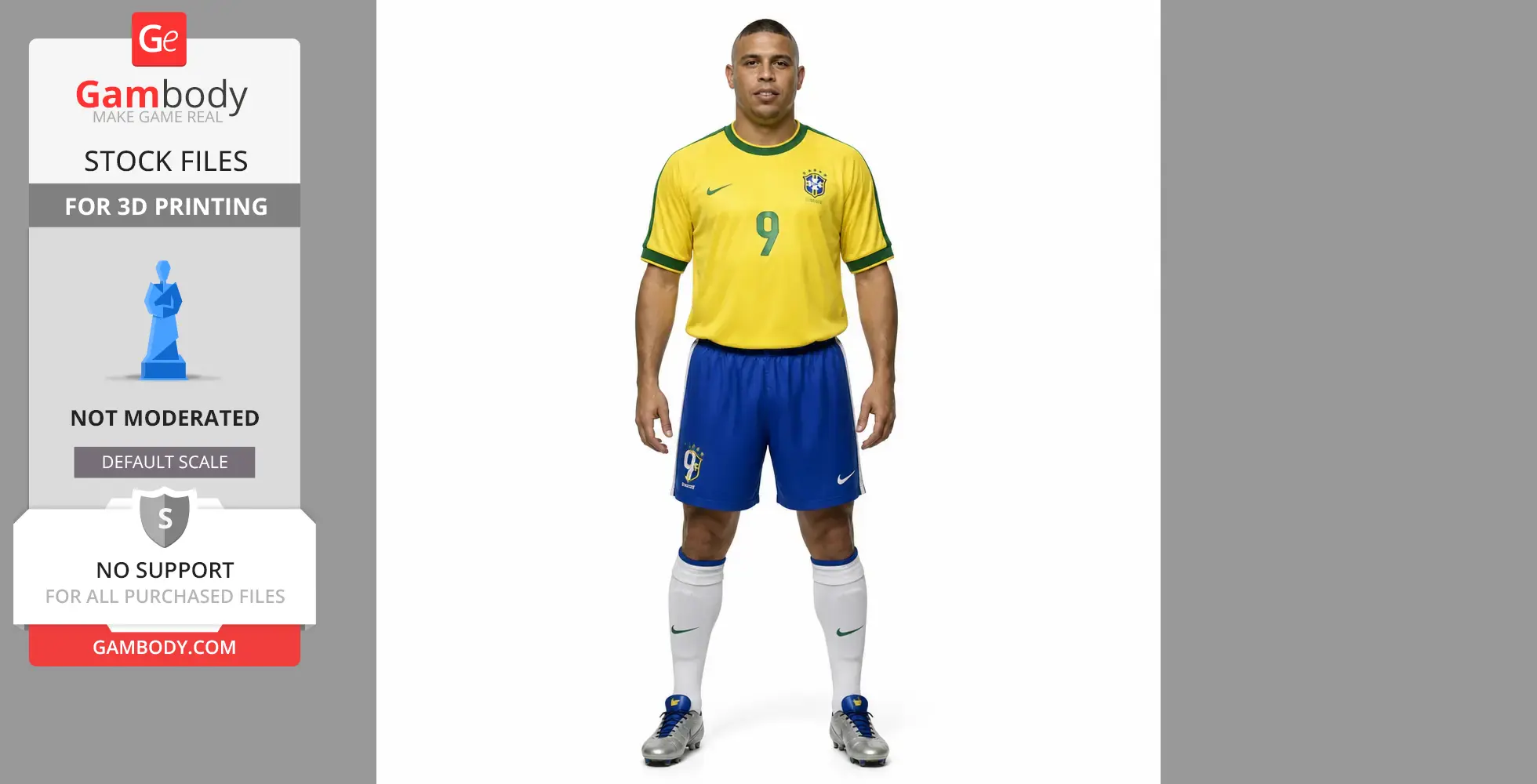 Soccer player in yellow and blue kit with number 9, standing, suitable for 3D printing figurines.