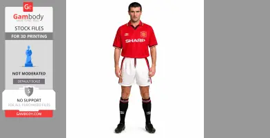 A man in a red soccer jersey and white shorts, standing straight on a plain background.