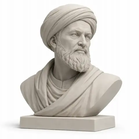 Bust of a bearded man with a turban, draped clothing, and a thoughtful expression.