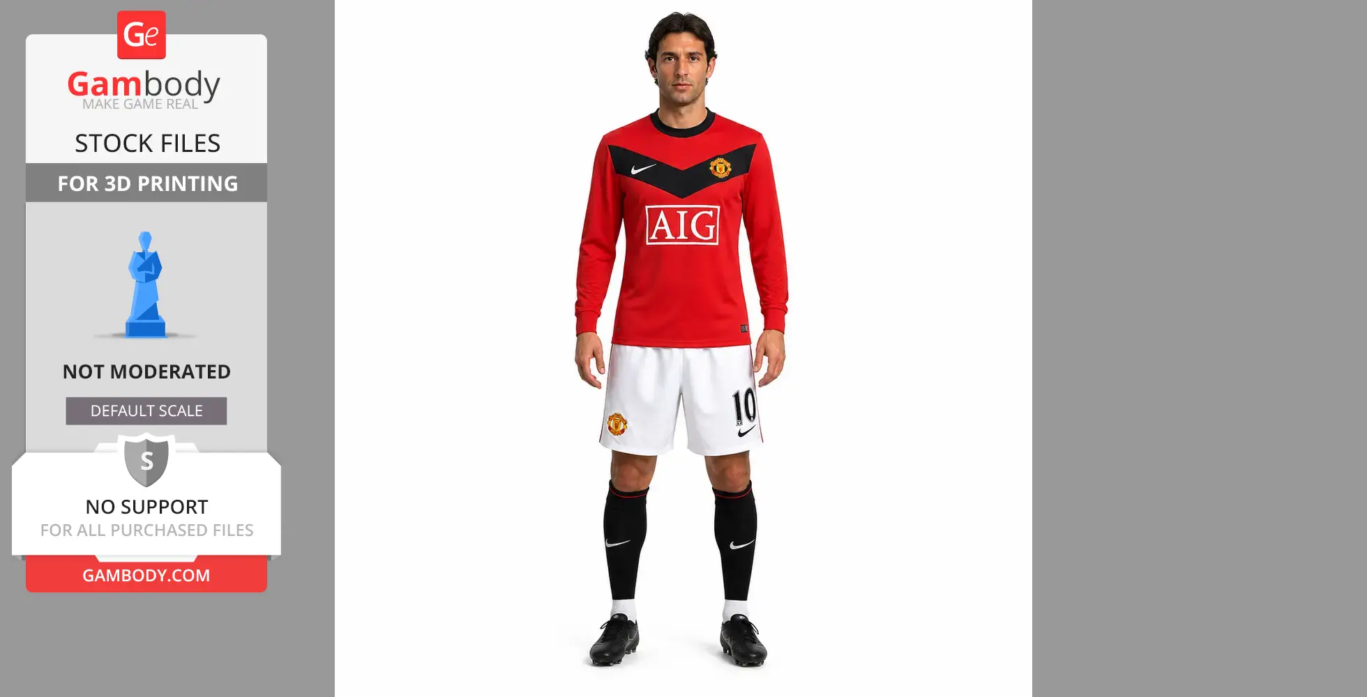 A soccer player in a red and white uniform with black socks standing on a plain background.