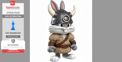 A cartoon rabbit in Viking attire with a horned helmet and fur-trimmed clothing.