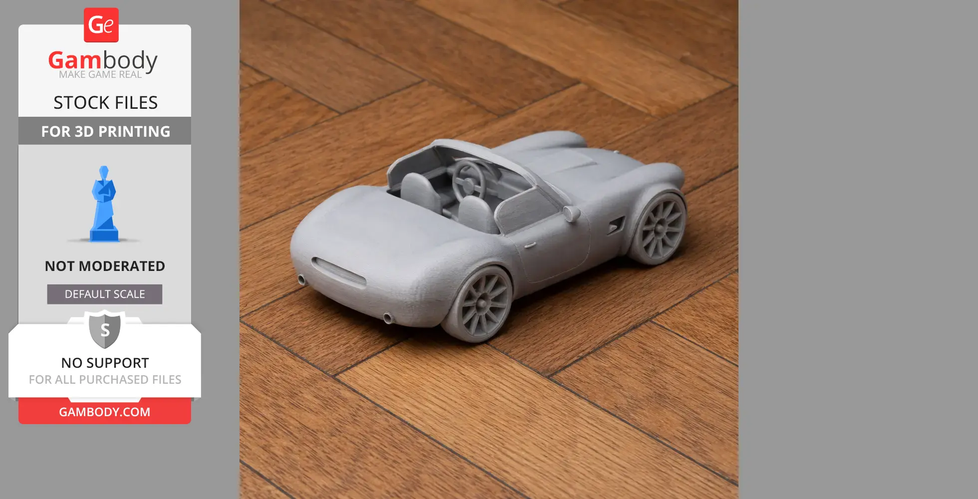Gray 3D-printed AC Cobra GT Roadster model on wooden surface, showcasing details like wheels and interior.