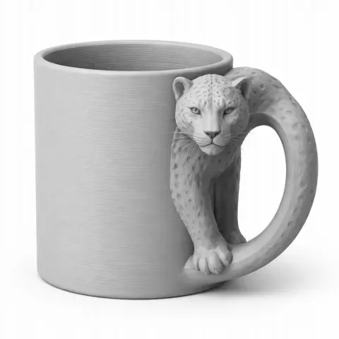 A mug with a leopard design, featuring the animal's head and legs as the handle.