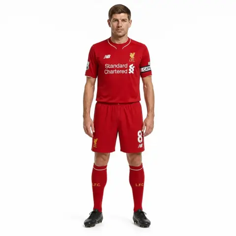 A 3D figurine of a soccer player in a red uniform with a captain's armband, standing upright.