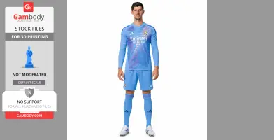 3D model file for a religious statue-like figure in a football kit, suitable for 3D printing.