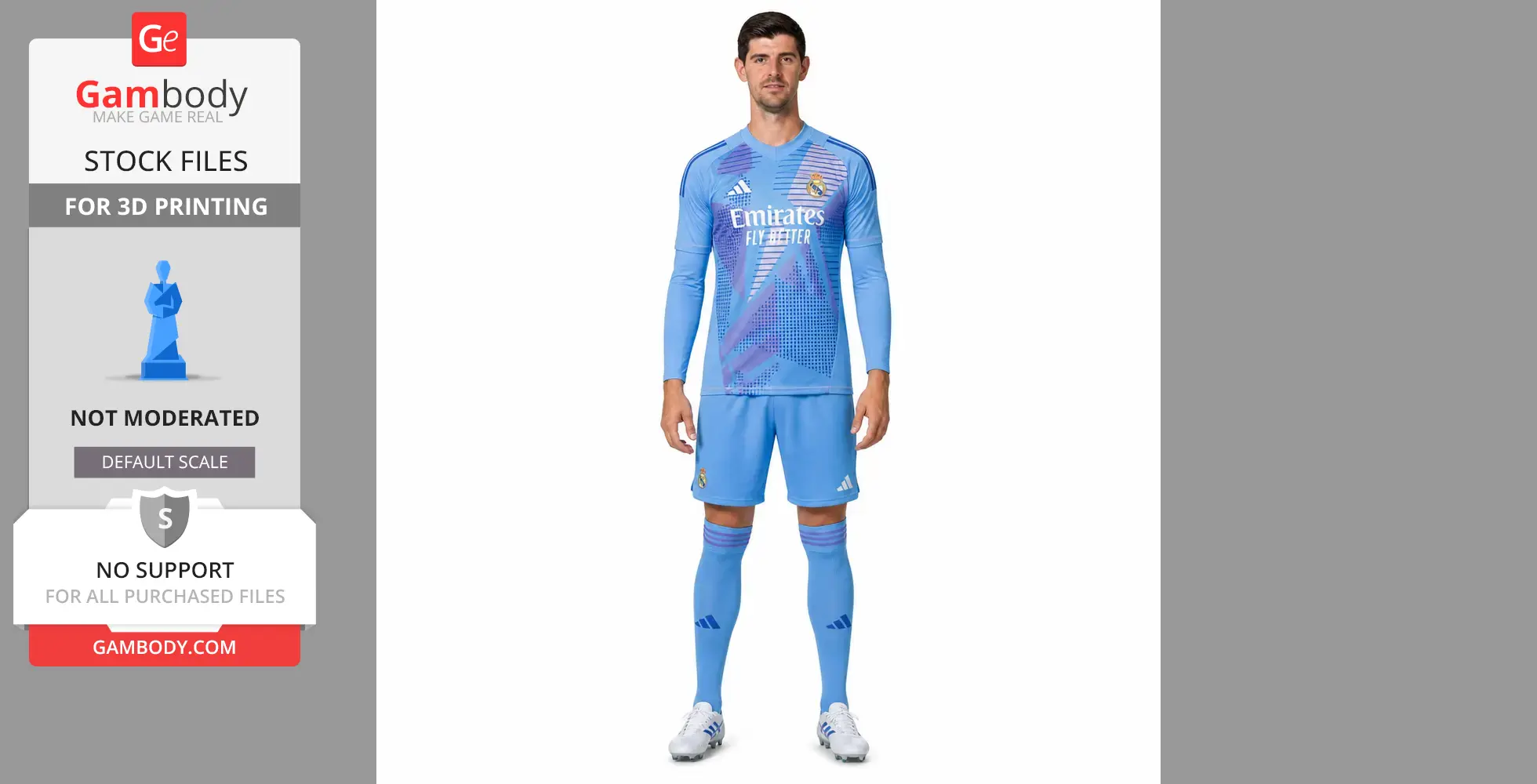 3D model file for a religious statue-like figure in a football kit, suitable for 3D printing.