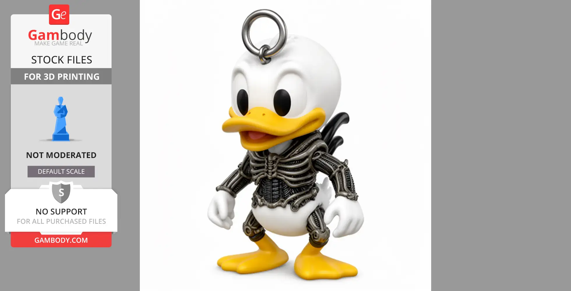 A figure combining a cartoon duck and alien xenomorph elements, including armor detailing and a head ring.