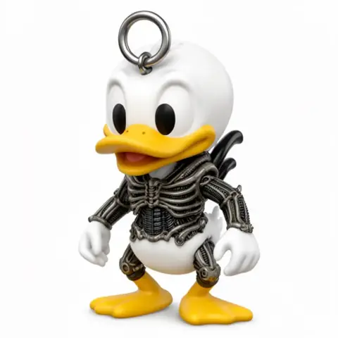 Xenomorph-inspired Donald Duck figure with alien armor and ring on head.