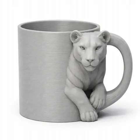 A mug with a lioness design, featuring the lioness' upper body as the handle.