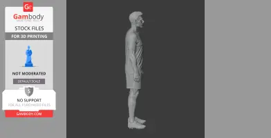 3D model of a standing male figure in sports attire, viewed from the side.