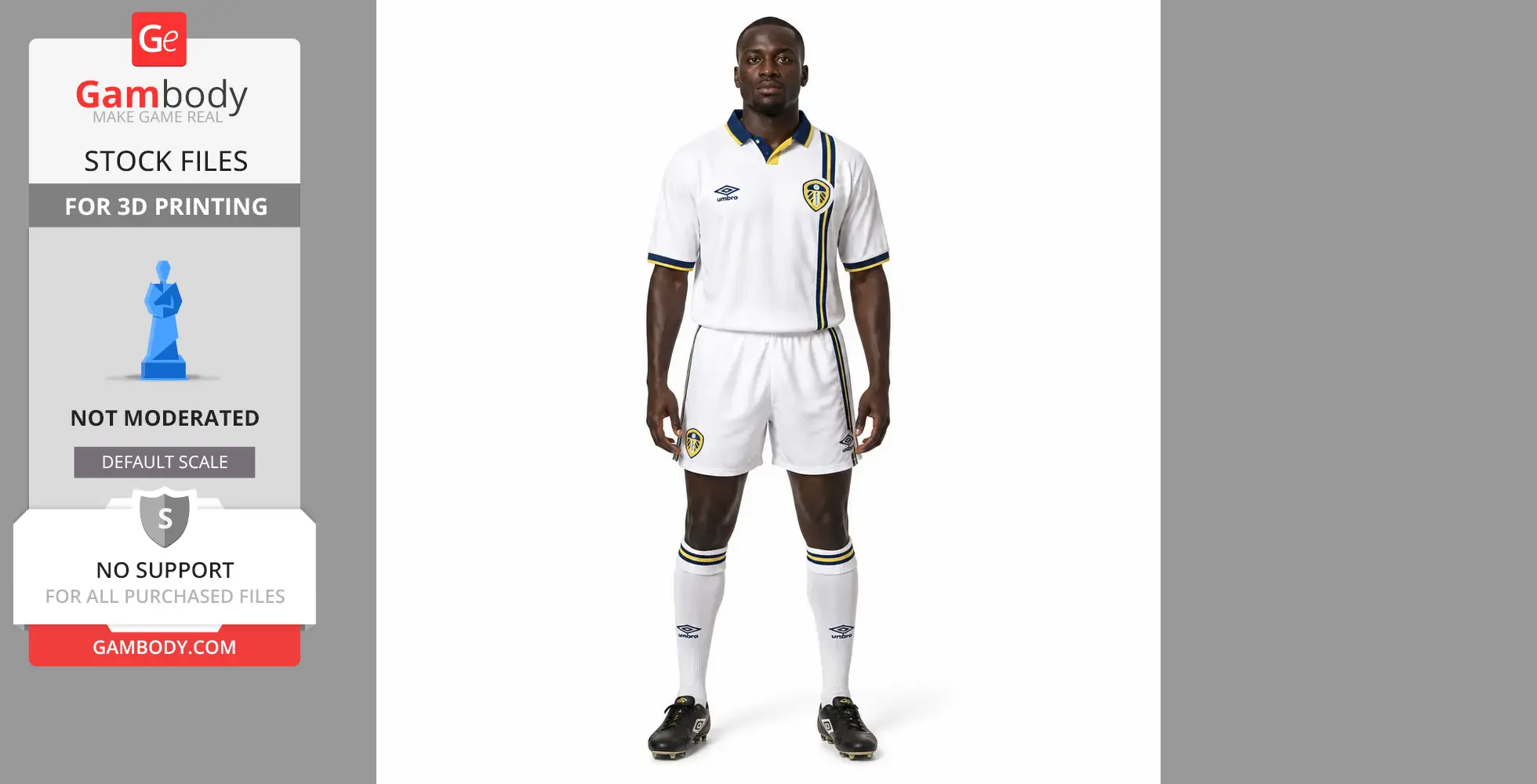 A soccer player in a white uniform with a logo crest stands facing front, hands by sides.