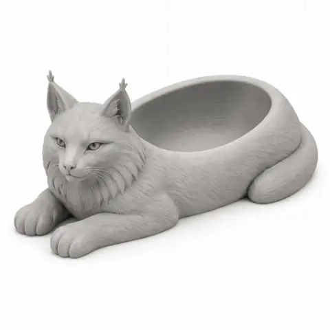 A 3D model of a lynx-shaped bowl with detailed fur texture, featuring an opened back for storage.