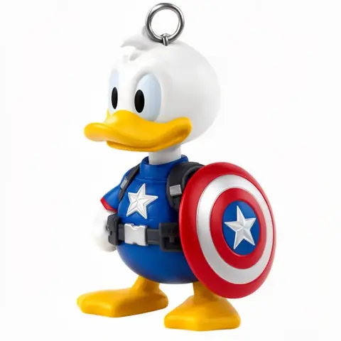 Duck in Captain America outfit with shield, keychain attachment.