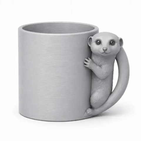 3D model of a mug with a meerkat-shaped handle hugging the side.