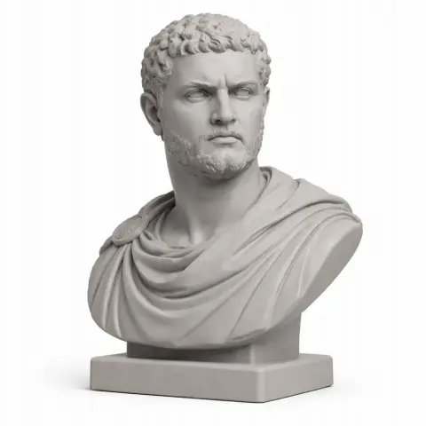 Bust of a historical warrior with curly hair and draped clothing, on a square base.