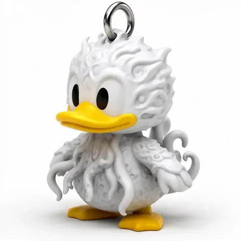 Mashup figure of Donald Duck with Cthulhu features, used as a ring holder.