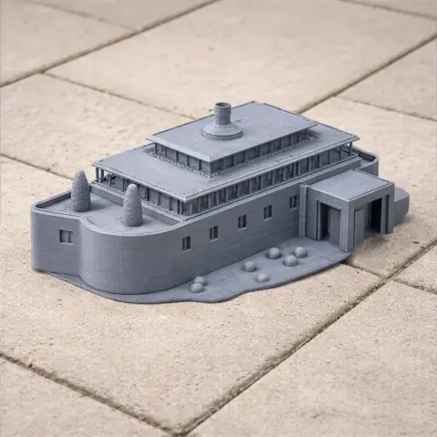 3D printed architectural model with rectangular structure and dome, resembling modern design elements.