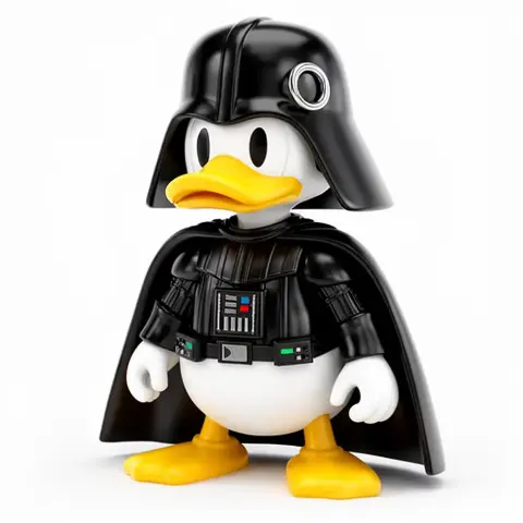 Duck character in black cape and helmet, inspired by Darth Vader. Mashup design for 3D printing.