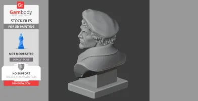 3D printed bust of a historical warrior with a beret and detailed facial features, on a pedestal.
